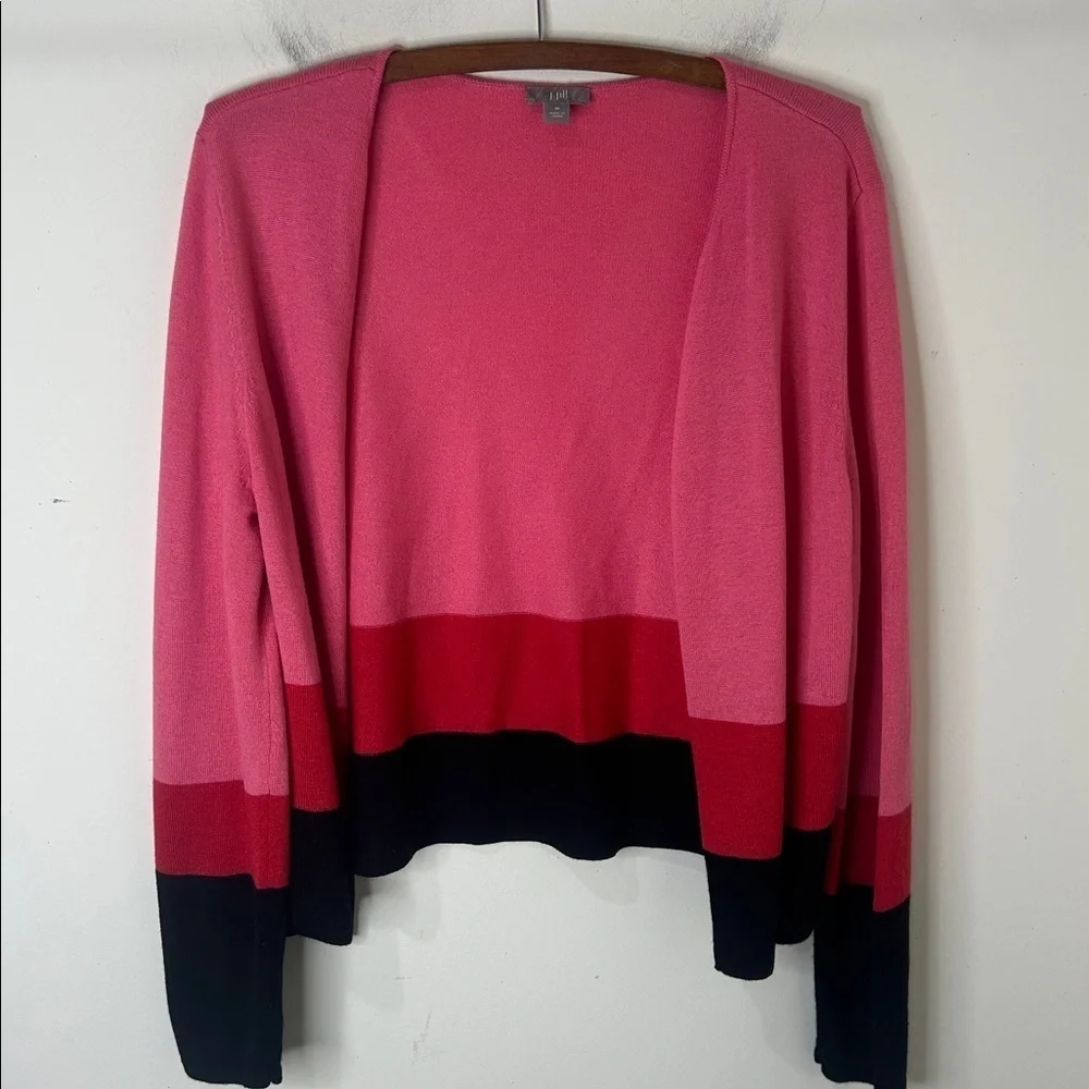 J. JILL Pink Red Black Colorblock Wool Blend Lightweight Cardigan Size Medium